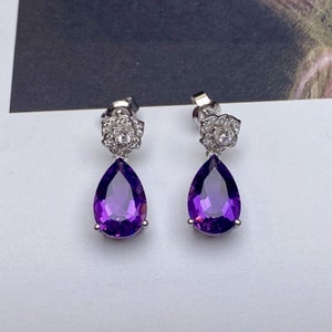 Natural Amethyst earrings/18k solid gold pear Amethyst dangle&drop earrings/Genuine Amethyst earrings/purple stone dangle/gift for her