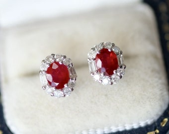18k White Gold Ruby Stud Earrings: Diamond Halo, Natural Ruby