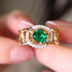 Genuine Zambia emerald Ring/18k yellow gold emerald ring with diamonds/Unique emerald engagement ring/emerald green ring gold