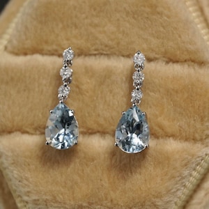 Unique Real Aquamarine drop earrings/14k18k white gold pear Aquamarine earrings/aquamarine diamond earrings/exquisite fashion grace earrings