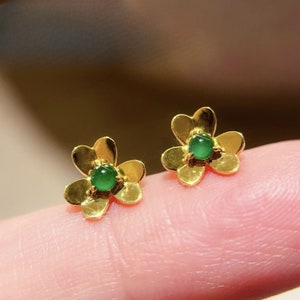 Genuine jade stud earrings/18k solid yellow gold real jade earrings/unique green jade studs/clover studs/star studs/push back