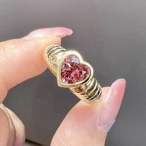 Natural heart pink tourmaline ring/18k yellow gold pink tourmaline ring/halo pink tourmaline/minimalist  handmade tourmaline ring gold gift