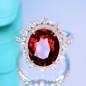 18k Gold Oval Garnet Ring with Diamond Halo - Art Deco Engagement Ring