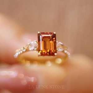 Unique natural Fanta garnet Ring/18k yellow gold emerald cut garnet ring with white sapphire/garnet  engagement ring/ gold garnet ring