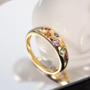 rainbow sapphire ring band/multi-color sapphire wedding band/proud engagement ring/dainty sapphire band/cluster sapphire band/rainbow stone