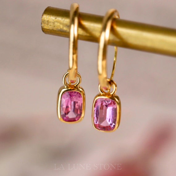 Unique Real Pink Sapphire Earrings 18k Gold Sapphire Dangle