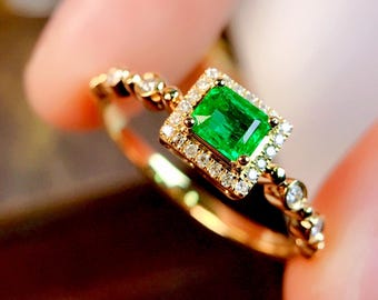 18k Gold Emerald Ring: Art Deco Diamond Engagement Ring