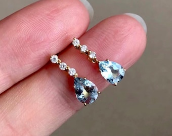 Unique Real Aquamarine drop earrings/14k18k rose gold pear Aquamarine earrings/aquamarine diamond earrings/exquisite fashion grace earrings