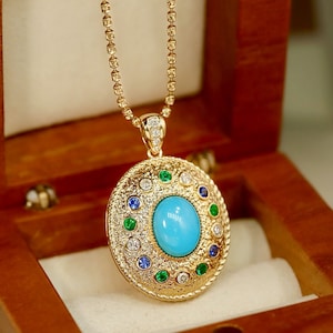 Genuine Turquoise necklace/18k solid yellow gold oval Turquoise pendant/raw Turquoise necklace/retro court pendant gold/gift for her