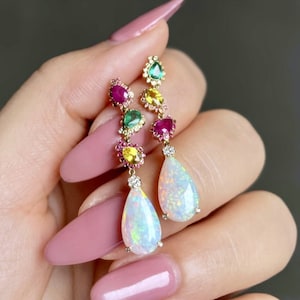 Unique natural drop opal earrings/18k rose gold Australia opal earrings/Real opal dangles with natural emeralds, rubies and yellow sapphire
