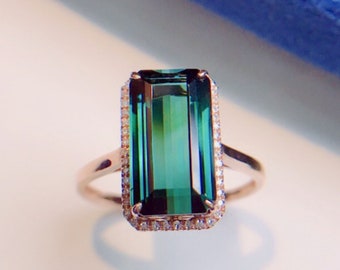 Natural green tourmaline Ring/18k gold emerald cut tourmaline ring/unique handmade tourmaline ring/vintage tourmaline engagement ring