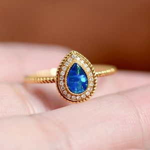 Genuine Australian opal ring/opal engagement ring/Real pear engagement ring/Unique handmade opal ring/Art deco opal promise ring/raw opal