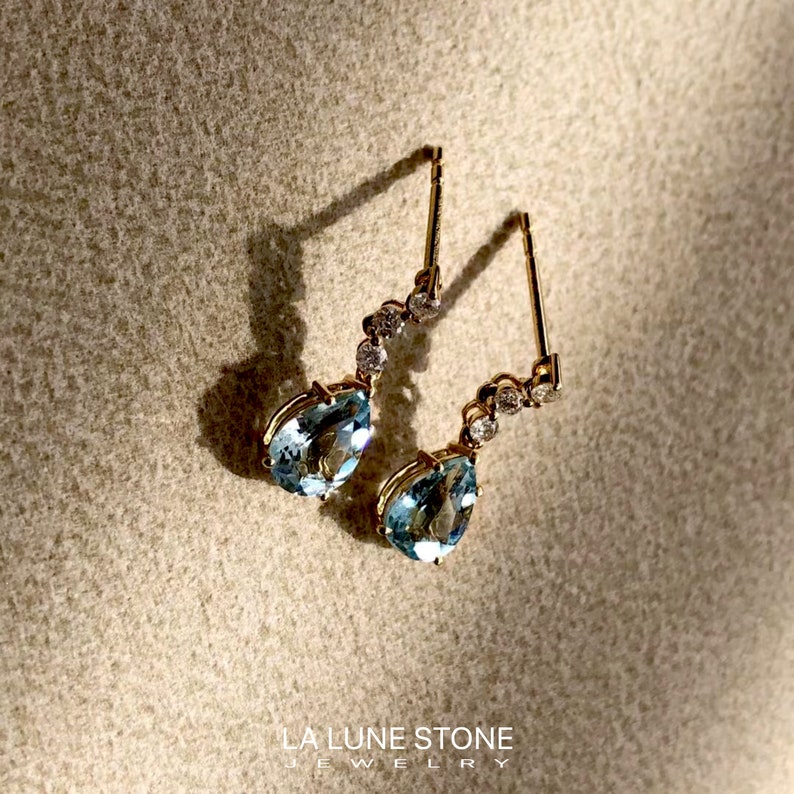 Unique Real Aquamarine drop earrings/14k18k rose gold pear Aquamarine earrings/aquamarine diamond earrings/exquisite fashion grace earrings image 7