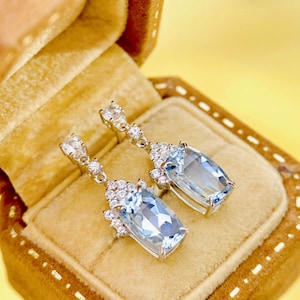 Unique Aquamarine stud earrings/European cut Aquamarine stud earrings/aquamarine white sapphire earrings/Affordable aquamarine stud earrings