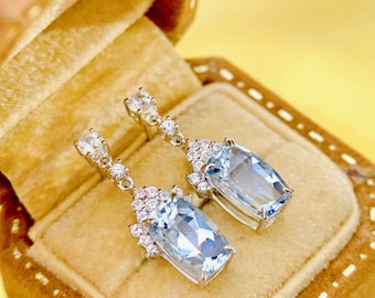 Unique Aquamarine stud earrings/European cut Aquamarine stud earrings/aquamarine white sapphire earrings/Affordable aquamarine stud earrings