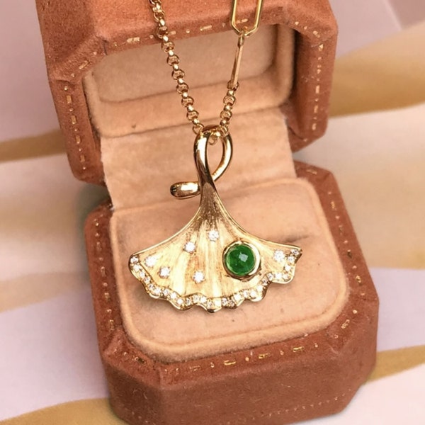 Genuine emerald pendant/18k solid yellow gold emerald pendant with diamonds/raw emerald pendant/ginkgo leaf shape pendant/art deco pendant