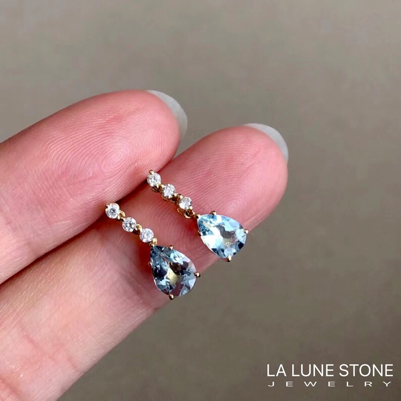 Unique Real Aquamarine drop earrings/14k18k rose gold pear Aquamarine earrings/aquamarine diamond earrings/exquisite fashion grace earrings image 8