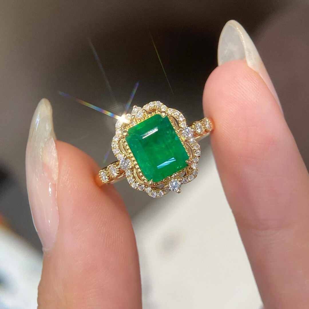 Genuine Emerald Ring/18k Solid Yellow Gold Emerald Engagement Ring/raw ...