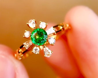 Retro 18k Yellow Gold Emerald Ring: Art Deco Engagement Ring