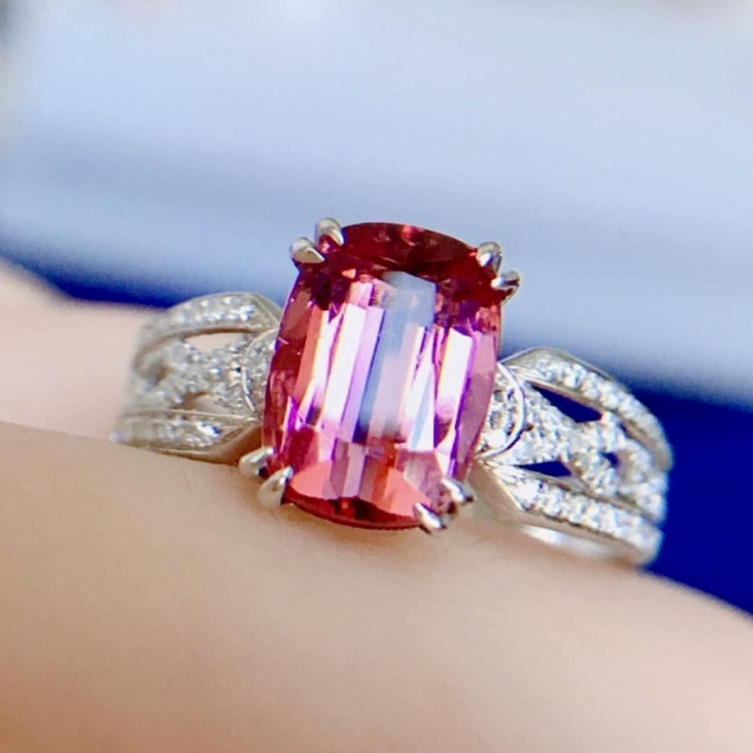 Natural Pink Tourmaline Ring/18k White Gold Cushion Cut Tourmaline Ring — free download