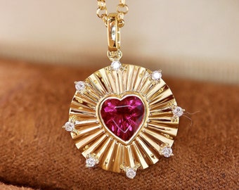 Genuine red tourmaline pendant/18k yellow gold heart cut tourmaline pendant/tourmaline pendant with diamonds/unique emerald pendant gold