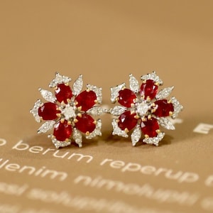 Natural ruby stud earrings with diamonds/18k solid white gold oval cut ruby stud earrings/pigeon blood red ruby studs/genuine ruby earrings