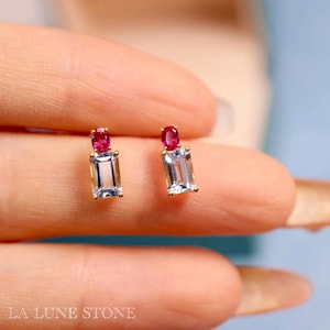 Unique Real Aquamarine stud earrings/14k18k yellow gold emerald cut Aquamarine earrings/aquamarine with ruby earrings/fashion grace earrings