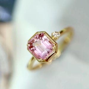 Natural pink tourmaline Ring/18k yellow gold asscher cut tourmaline ring/art deco engagement ring/raw pink tourmaline ring/daily collocation