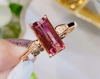 Emerald Cut Pink Tourmaline Ring: 18k Gold & Diamond Handmade Ring