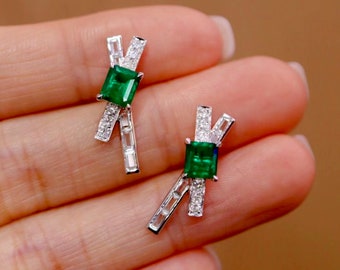 Natural emerald stud Earrings/14k white gold emerald X-shape earrings/emerald engagement earrings/real emerald cut emerald stud earrings