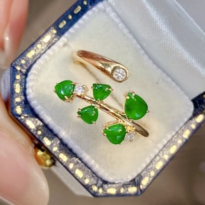 Natural Myanmar Jade Ring: 18k Gold Twig Ring with Diamonds