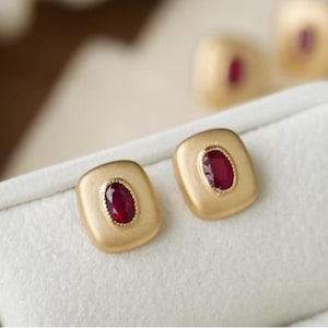 Genuine ruby stud earrings/18k solid gold over cut ruby studs/handmade ruby earrings/natural ruby birthstone earrings/retro simple studs