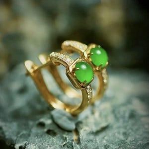 Natural jade hoop earrings/18k yellow gold real jade earrings/unique raw green jade hoops/retro jade earrings/anniversary gift/gift for her