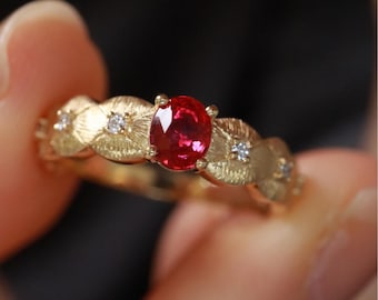 Vintage 18k Yellow Gold Ruby Ring: Oval Prone Engagement Ring