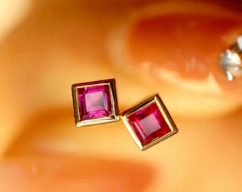 14k Gold Ruby Stud Earrings: Art Deco Style