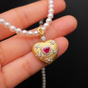 Unique natural ruby pendant/18k solid gold heart ruby pendant/retro diamond ruby pendant/real ruby pendant gold/gift for her/gift for wife
