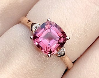 Natural pink tourmaline Ring/18k rose gold cushion cut tourmaline ring with diamonds/pink tourmaline engagement ring/ tourmaline ring gold