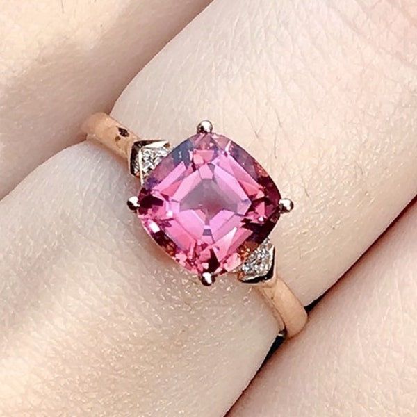 Natural pink tourmaline Ring/18k rose gold cushion cut tourmaline ring with diamonds/pink tourmaline engagement ring/ tourmaline ring gold