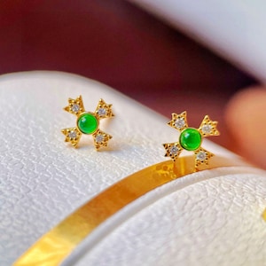 Genuine jade stud earrings/18k solid yellow gold real jade earrings/unique raw green jade studs/daisy studs gold/Christmas gift