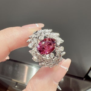 Natural pink tourmaline Ring/18k white gold oval cut tourmaline ring with diamonds/pink tourmaline engagement ring/ twig leaves ring gold