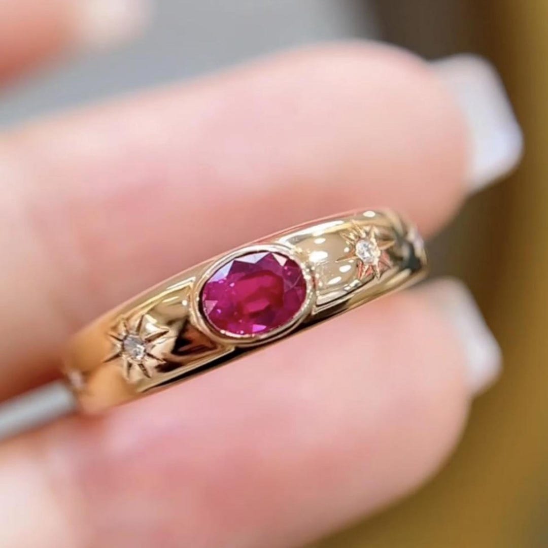 Retro 18K Yellow Gold Ruby Ring: Bezel Diamond Engagement Stack - Etsy