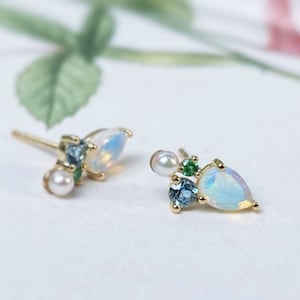 18k Gold Australian Opal Stud Earrings with Emerald & Pearl