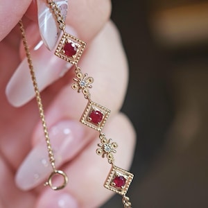 Genuine Ruby Bracelet/18K solid Gold round cut ruby bracelet/Natural ruby retro bracelet/Anniversary ruby jewelry/gift for her/gfit for wife