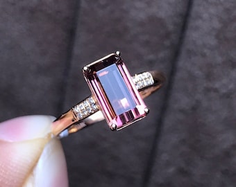 Genuine pink tourmaline Ring/18k rose gold emerald cut tourmaline ring with diamonds/pink tourmaline engagement ring/ tourmaline ring gold