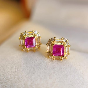 Natural ruby stud earrings with diamonds/18k solid gold asscher cut ruby stud earrings/dainty earrings stud/genuine ruby earrings stud