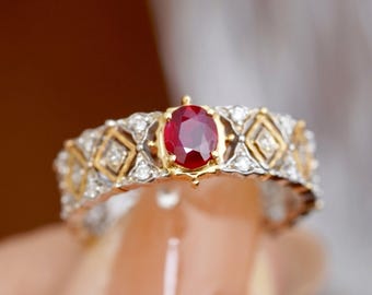 Pigeon Blood Ruby Ring, 18k Gold Diamond Accent, Retro Court Style