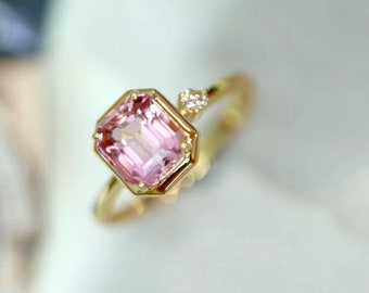 Natural pink tourmaline Ring/18k yellow gold asscher cut tourmaline ring/art deco engagement ring/raw pink tourmaline ring/daily collocation