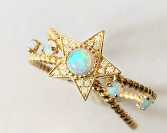 Unique star Opal ring/round cut opal ring/18k yellow gold opal ring/opal engagement ring/dainty opal bridal ring/star shape opal ring