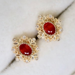 Natural ruby stud earrings/18k gold oval ruby studs/art deco earrings stud/genuine dainty ruby studs/vintage ruby studs/retro court earrings