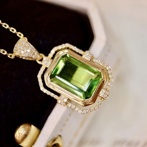 Genuine green tourmaline pendant/18k yellow gold emerald cut tourmaline pendant/tourmaline pendant with diamonds/unique emerald pendant gold